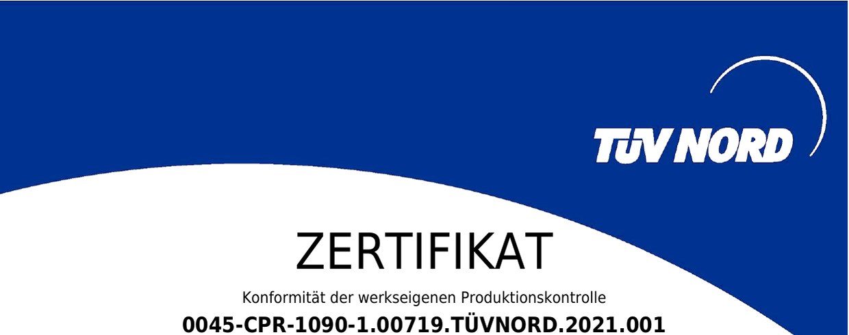 Zertifikat: EN 1090-1 werkseigene Produktionskontrolle, TÜV Nord